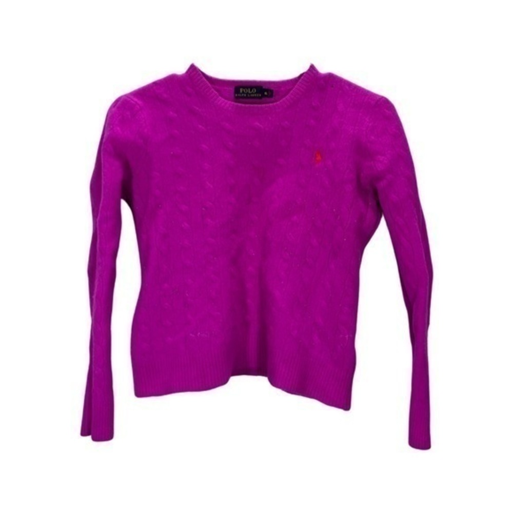 Polo Ralph Lauren Fuchsia Pink Cable Knit Wool Cashmere Blend Crewneck Sweater